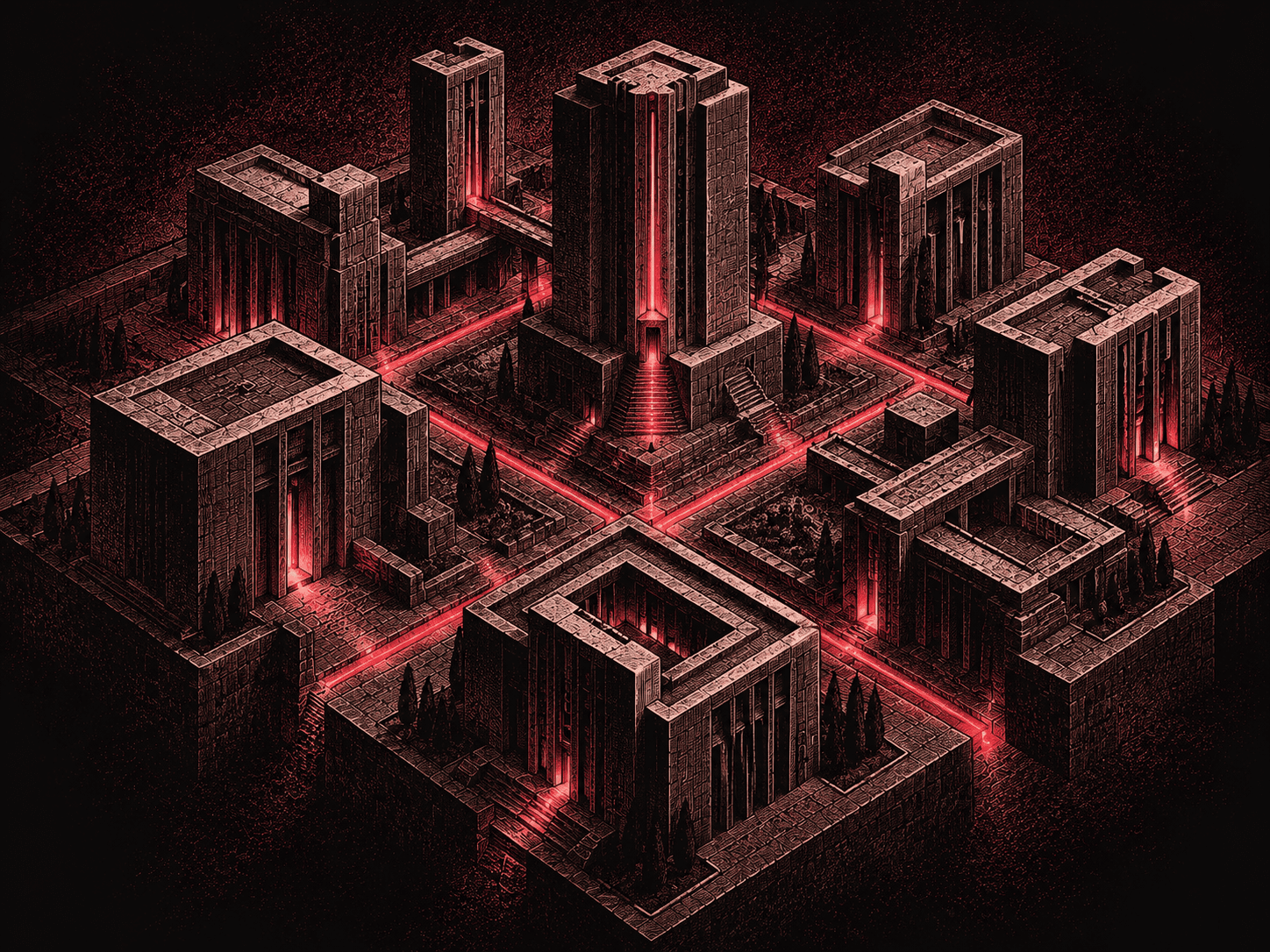A city of buildings connected by red paths, illustrated with an etched texture.