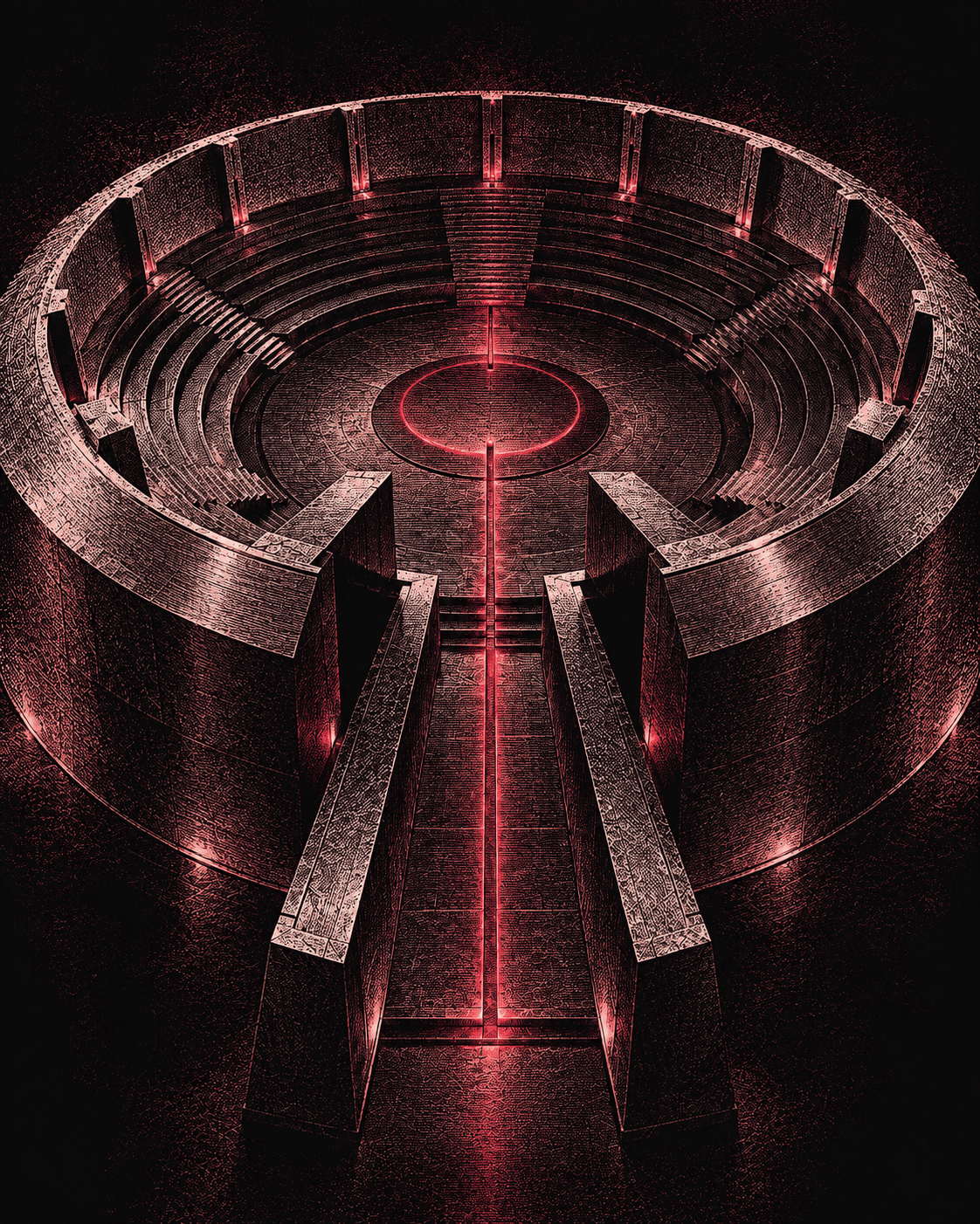 A charcoal and burgundy arena illustration, with an etched texture and a red path leading to its center.