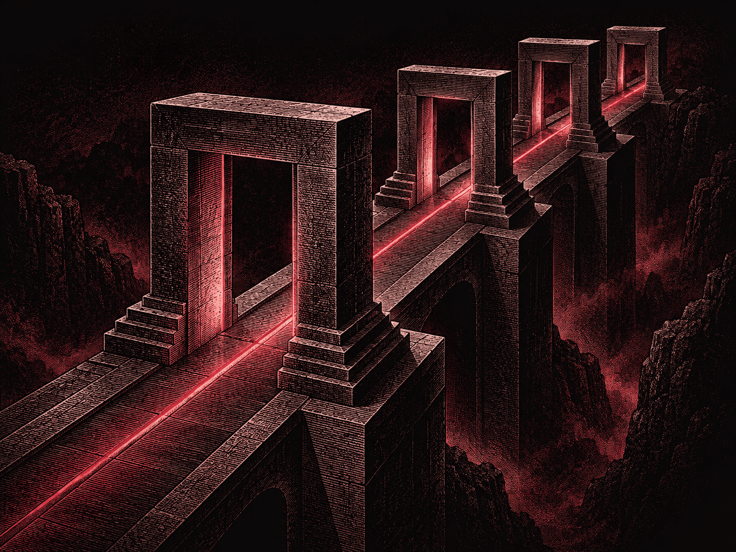 A red path passes through successive gateways in a charcoal and burgundy illustration.