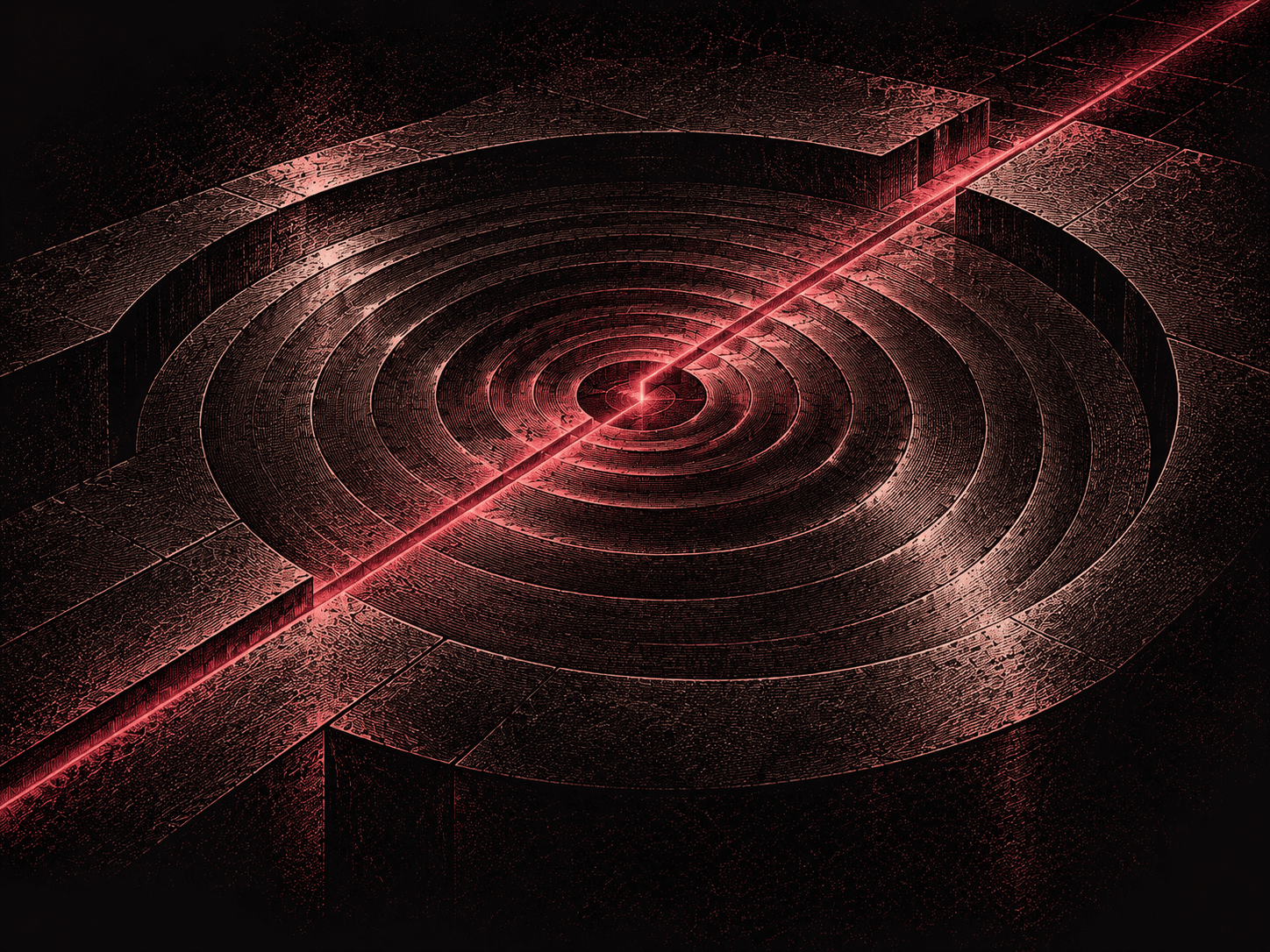 A red path leaves ripples across an engraved charcoal and burgundy surface.